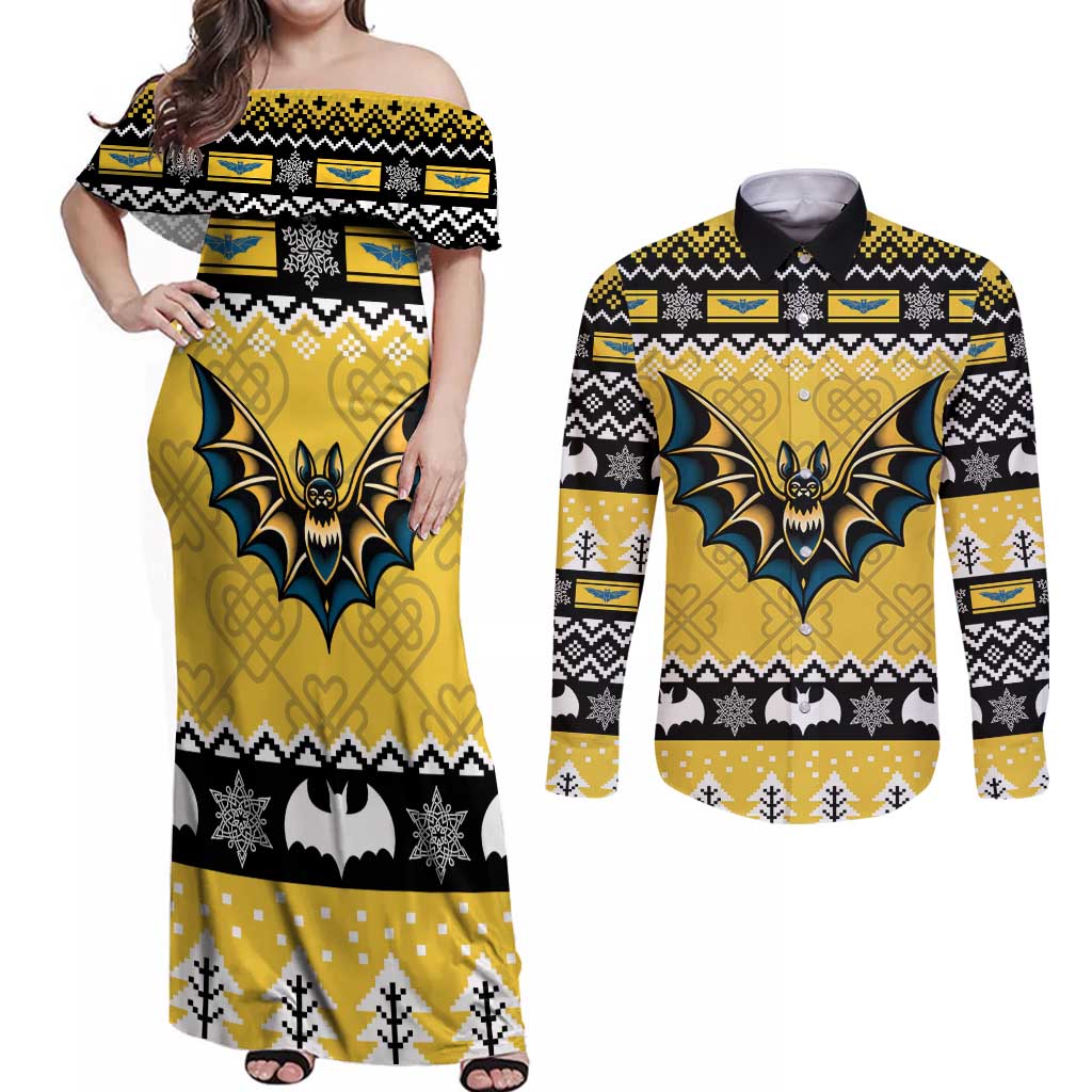 Personalized Brecknockshire Wales Christmas Couples Matching Off Shoulder Maxi Dress and Long Sleeve Button Shirt Welsh Celtic Bat Design - Wonder Print Shop