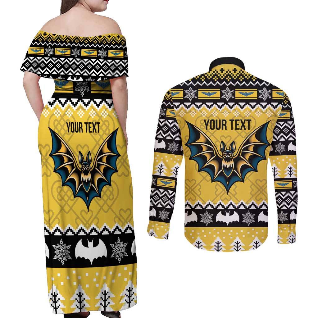 Personalized Brecknockshire Wales Christmas Couples Matching Off Shoulder Maxi Dress and Long Sleeve Button Shirt Welsh Celtic Bat Design - Wonder Print Shop