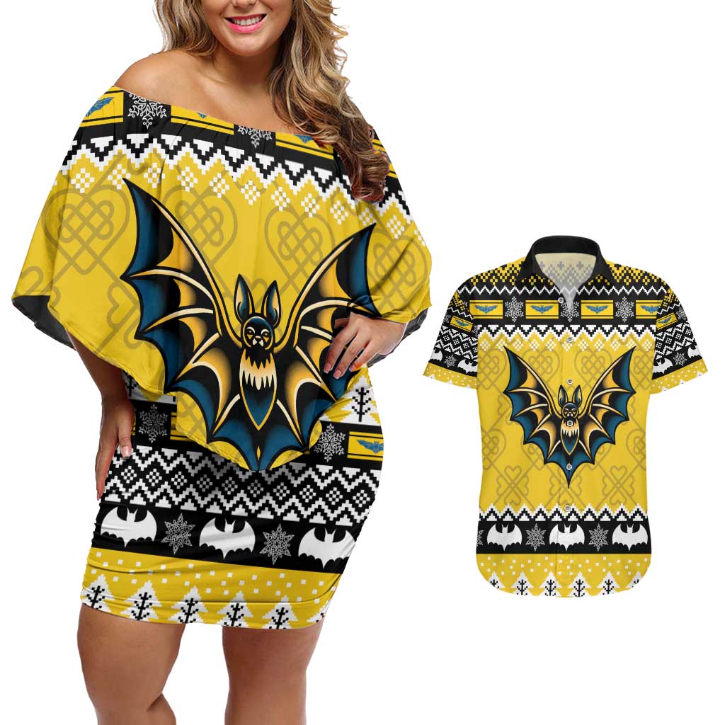 Personalized Brecknockshire Wales Christmas Couples Matching Off Shoulder Short Dress and Hawaiian Shirt Welsh Celtic Bat Design - Wonder Print Shop