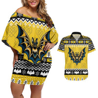 Personalized Brecknockshire Wales Christmas Couples Matching Off Shoulder Short Dress and Hawaiian Shirt Welsh Celtic Bat Design - Wonder Print Shop
