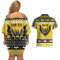 Personalized Brecknockshire Wales Christmas Couples Matching Off Shoulder Short Dress and Hawaiian Shirt Welsh Celtic Bat Design - Wonder Print Shop