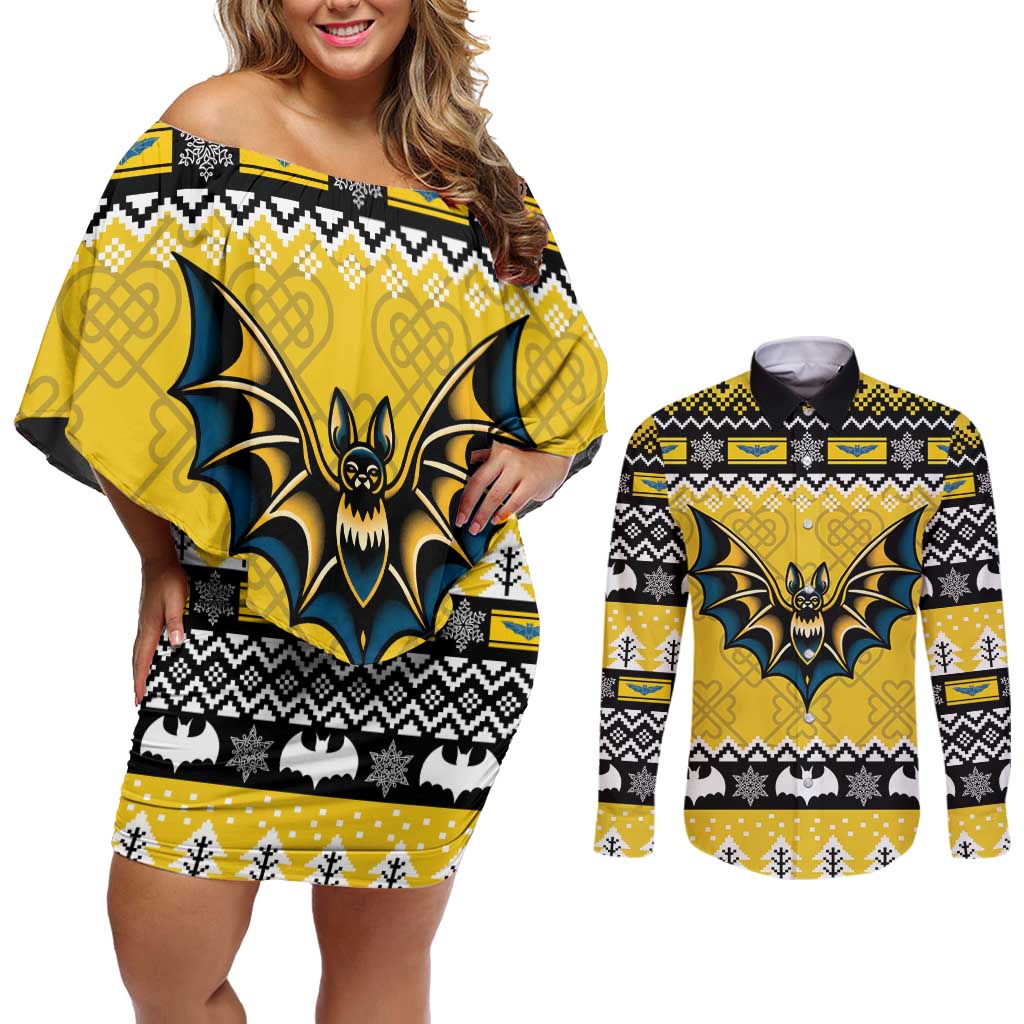 Personalized Brecknockshire Wales Christmas Couples Matching Off Shoulder Short Dress and Long Sleeve Button Shirt Welsh Celtic Bat Design - Wonder Print Shop
