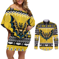Personalized Brecknockshire Wales Christmas Couples Matching Off Shoulder Short Dress and Long Sleeve Button Shirt Welsh Celtic Bat Design - Wonder Print Shop