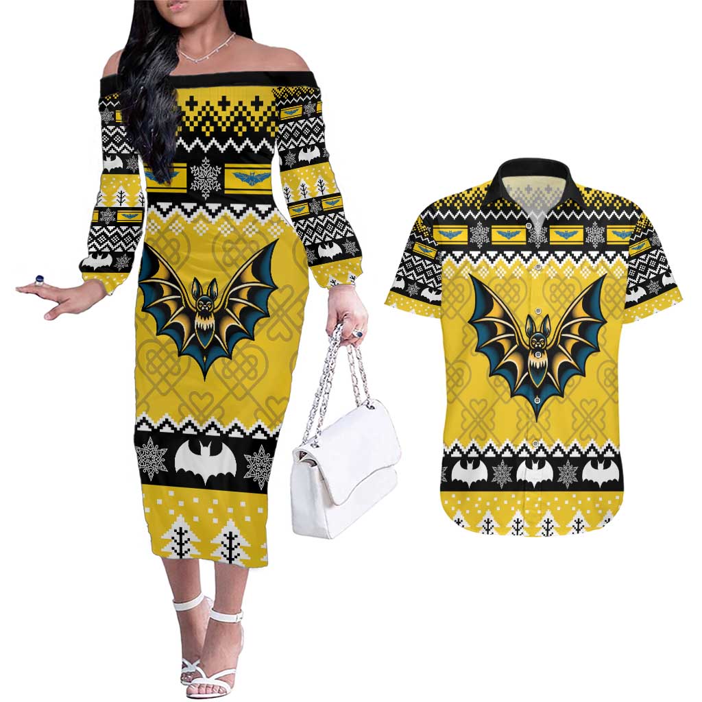 Personalized Brecknockshire Wales Christmas Couples Matching Off The Shoulder Long Sleeve Dress and Hawaiian Shirt Welsh Celtic Bat Design - Wonder Print Shop