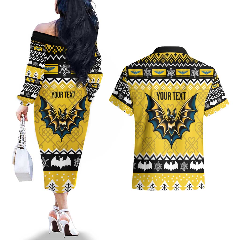 Personalized Brecknockshire Wales Christmas Couples Matching Off The Shoulder Long Sleeve Dress and Hawaiian Shirt Welsh Celtic Bat Design - Wonder Print Shop