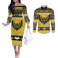 Personalized Brecknockshire Wales Christmas Couples Matching Off The Shoulder Long Sleeve Dress and Long Sleeve Button Shirt Welsh Celtic Bat Design - Wonder Print Shop