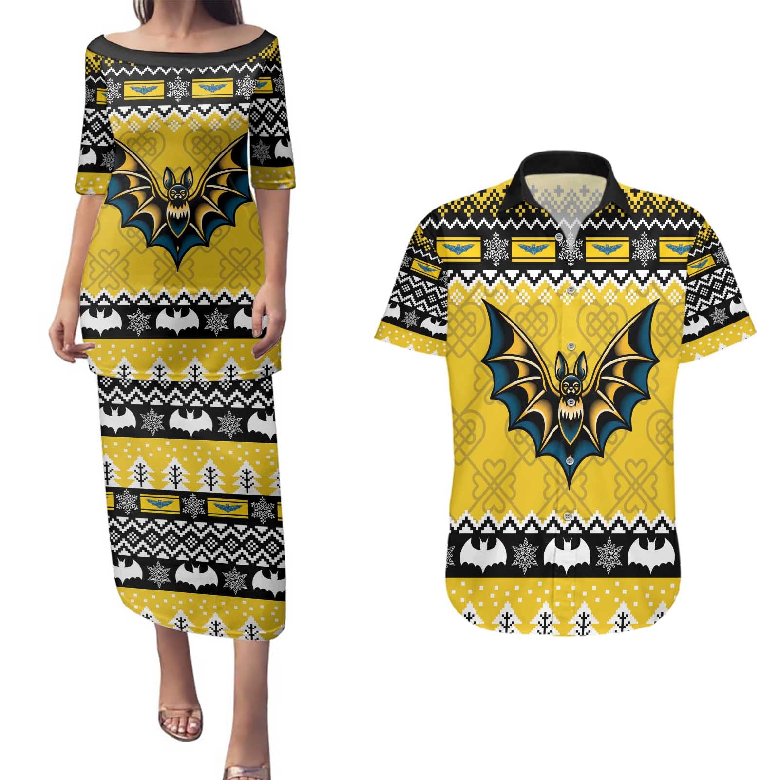 Personalized Brecknockshire Wales Christmas Couples Matching Puletasi and Hawaiian Shirt Welsh Celtic Bat Design - Wonder Print Shop