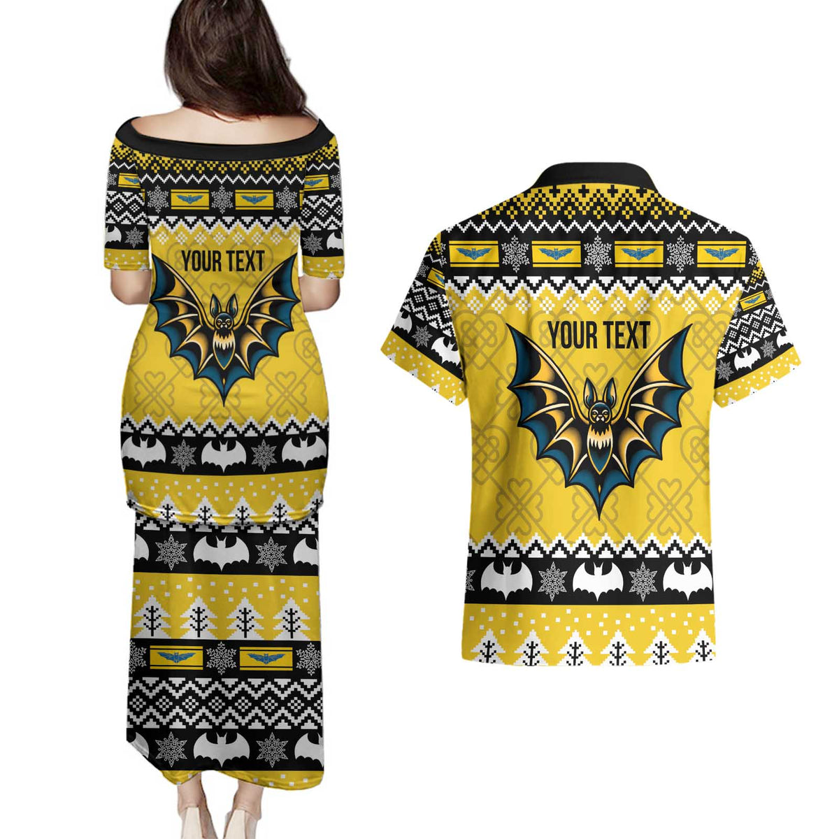 Personalized Brecknockshire Wales Christmas Couples Matching Puletasi and Hawaiian Shirt Welsh Celtic Bat Design - Wonder Print Shop