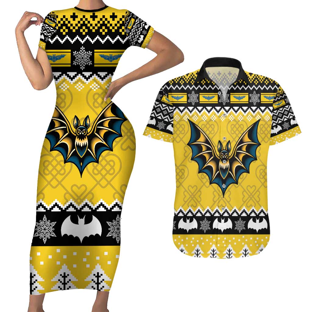 Personalized Brecknockshire Wales Christmas Couples Matching Short Sleeve Bodycon Dress and Hawaiian Shirt Welsh Celtic Bat Design - Wonder Print Shop