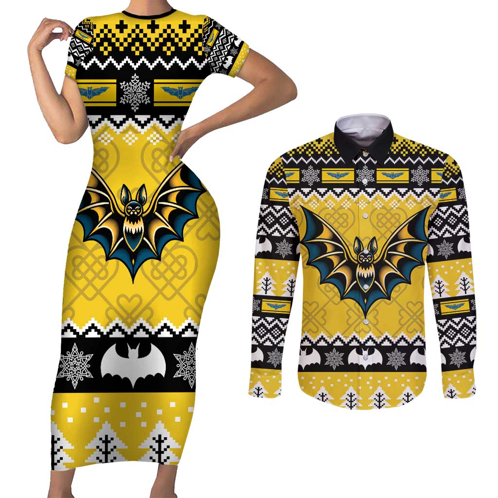 Personalized Brecknockshire Wales Christmas Couples Matching Short Sleeve Bodycon Dress and Long Sleeve Button Shirt Welsh Celtic Bat Design - Wonder Print Shop