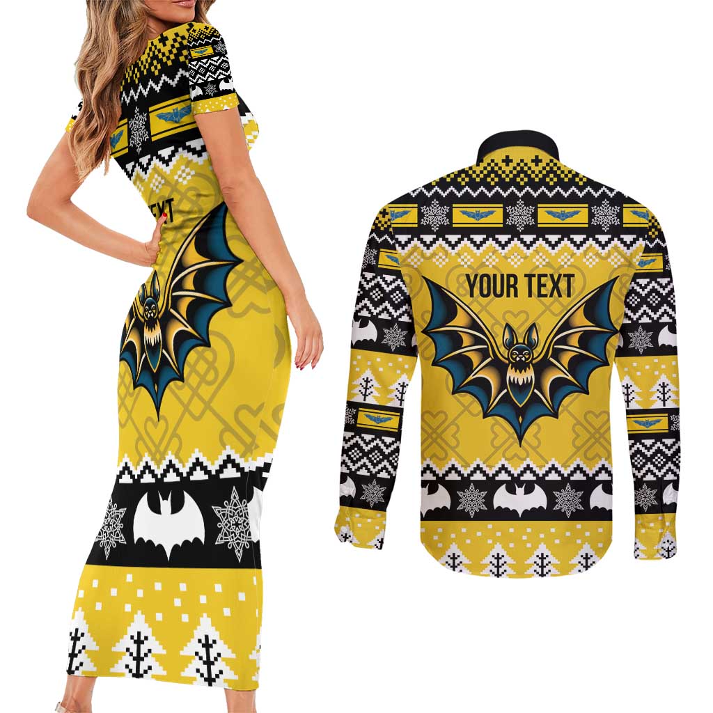 Personalized Brecknockshire Wales Christmas Couples Matching Short Sleeve Bodycon Dress and Long Sleeve Button Shirt Welsh Celtic Bat Design - Wonder Print Shop
