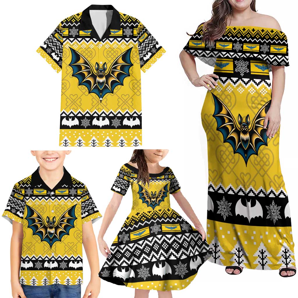 Personalized Brecknockshire Wales Christmas Family Matching Off Shoulder Maxi Dress and Hawaiian Shirt Welsh Celtic Bat Design - Wonder Print Shop