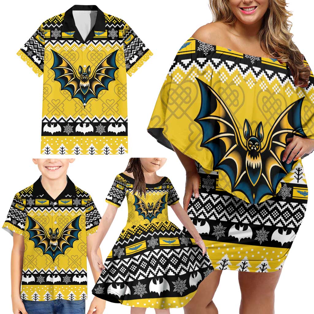 Personalized Brecknockshire Wales Christmas Family Matching Off Shoulder Short Dress and Hawaiian Shirt Welsh Celtic Bat Design - Wonder Print Shop