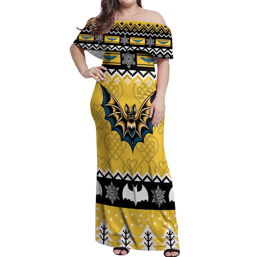 Personalized Brecknockshire Wales Christmas Off Shoulder Maxi Dress Welsh Celtic Bat Design - Wonder Print Shop