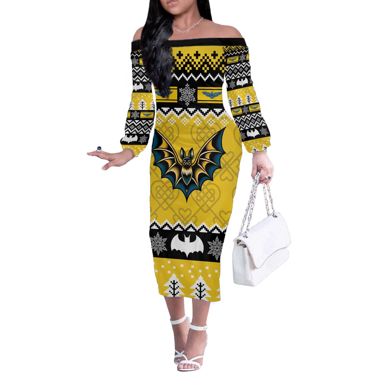Personalized Brecknockshire Wales Christmas Off The Shoulder Long Sleeve Dress Welsh Celtic Bat Design - Wonder Print Shop