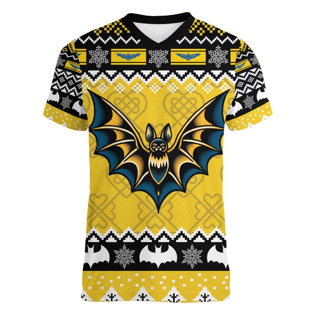 Personalized Brecknockshire Wales Christmas Women V-Neck T-Shirt Welsh Celtic Bat Design - Wonder Print Shop