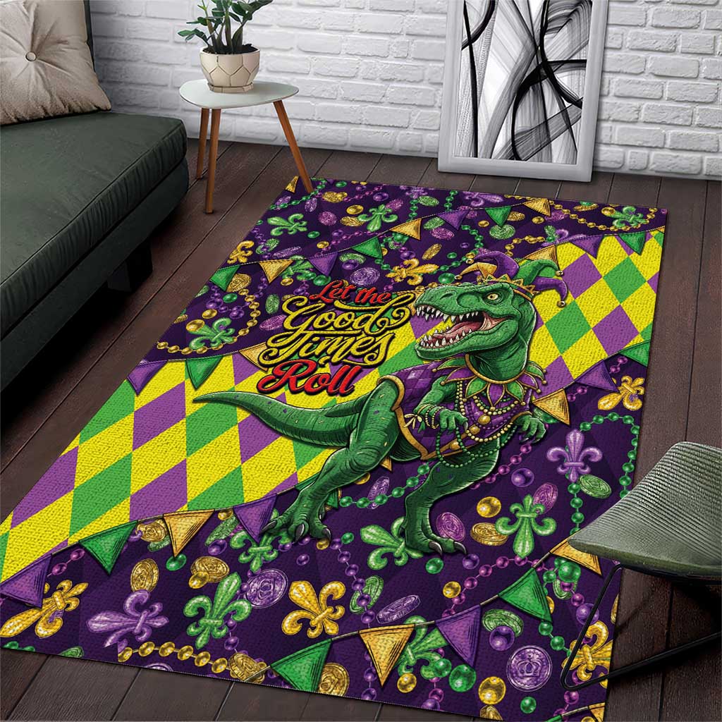 Funny Mardi Gras T-Rex Dinosaur Area Rug Let The Good Times Roll - Wonder Print Shop