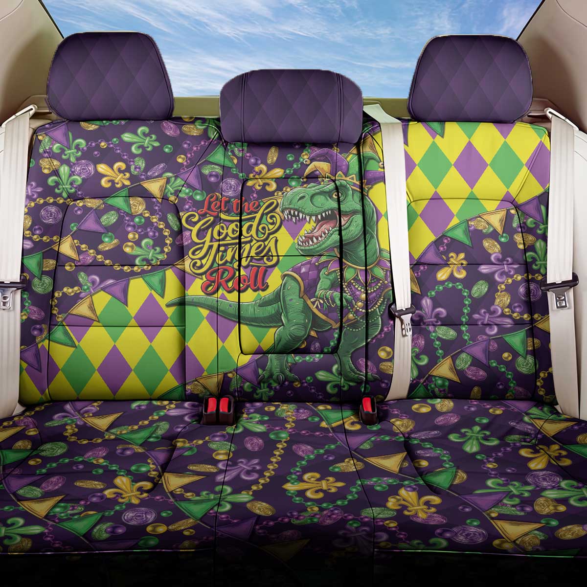 Funny Mardi Gras T-Rex Dinosaur Back Car Seat Cover Let The Good Times Roll - Wonder Print Shop