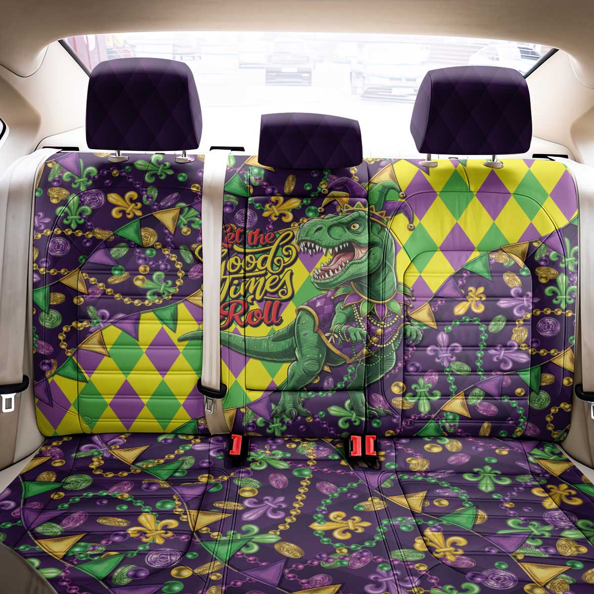 Funny Mardi Gras T-Rex Dinosaur Back Car Seat Cover Let The Good Times Roll - Wonder Print Shop