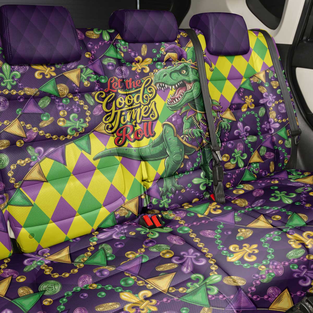 Funny Mardi Gras T-Rex Dinosaur Back Car Seat Cover Let The Good Times Roll - Wonder Print Shop