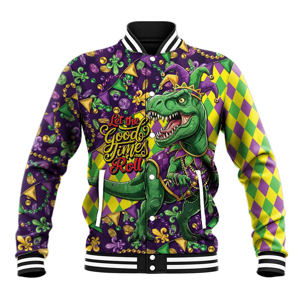 Funny Mardi Gras T-Rex Dinosaur Baseball Jacket Let The Good Times Roll - Wonder Print Shop
