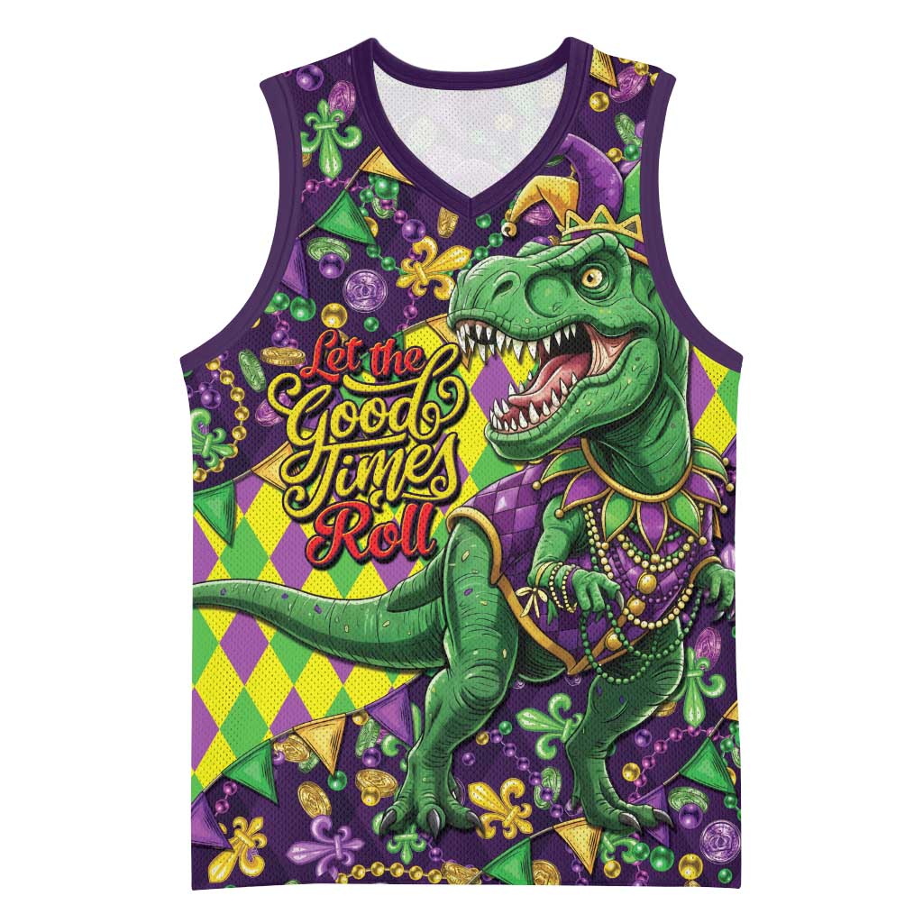 Funny Mardi Gras T-Rex Dinosaur Basketball Jersey Let The Good Times Roll - Wonder Print Shop