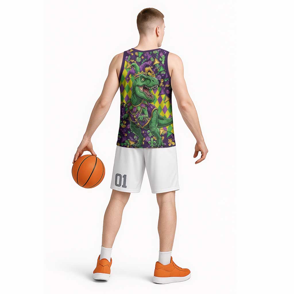 Funny Mardi Gras T-Rex Dinosaur Basketball Jersey Let The Good Times Roll - Wonder Print Shop