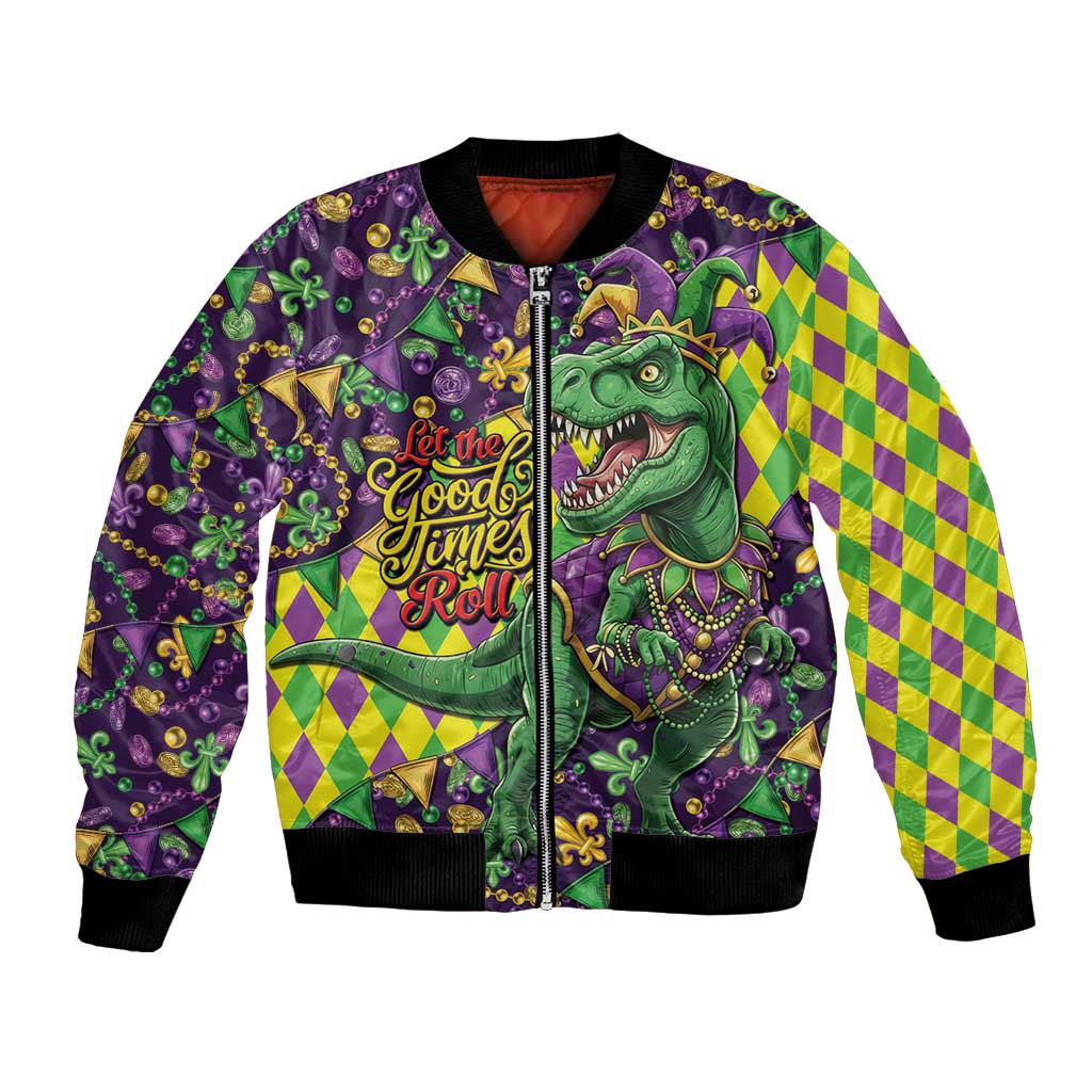 Funny Mardi Gras T-Rex Dinosaur Bomber Jacket Let The Good Times Roll - Wonder Print Shop