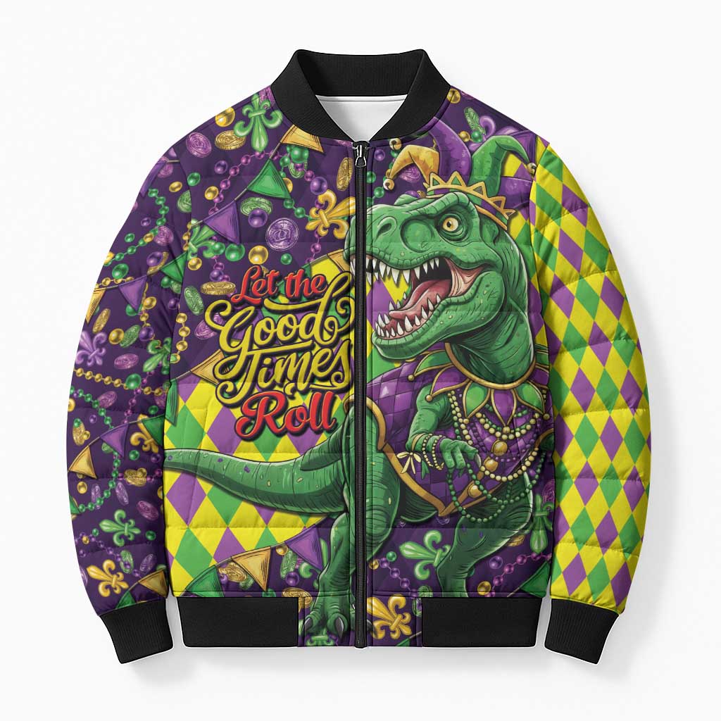 Funny Mardi Gras T-Rex Dinosaur Bomber Puffer Jacket Let The Good Times Roll - Wonder Print Shop