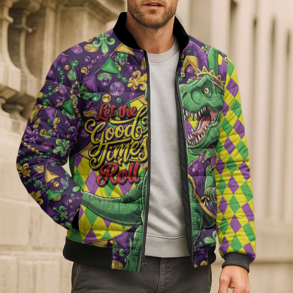 Funny Mardi Gras T-Rex Dinosaur Bomber Puffer Jacket Let The Good Times Roll - Wonder Print Shop