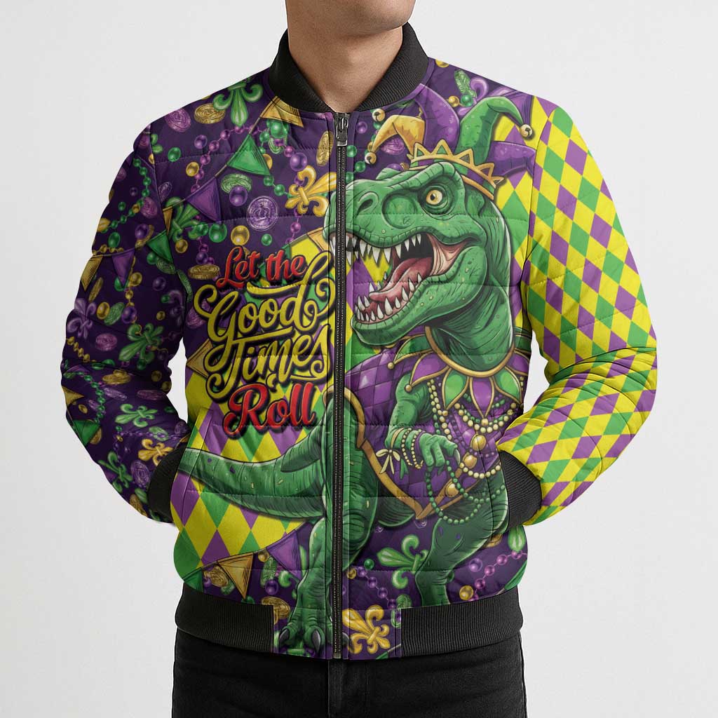 Funny Mardi Gras T-Rex Dinosaur Bomber Puffer Jacket Let The Good Times Roll - Wonder Print Shop