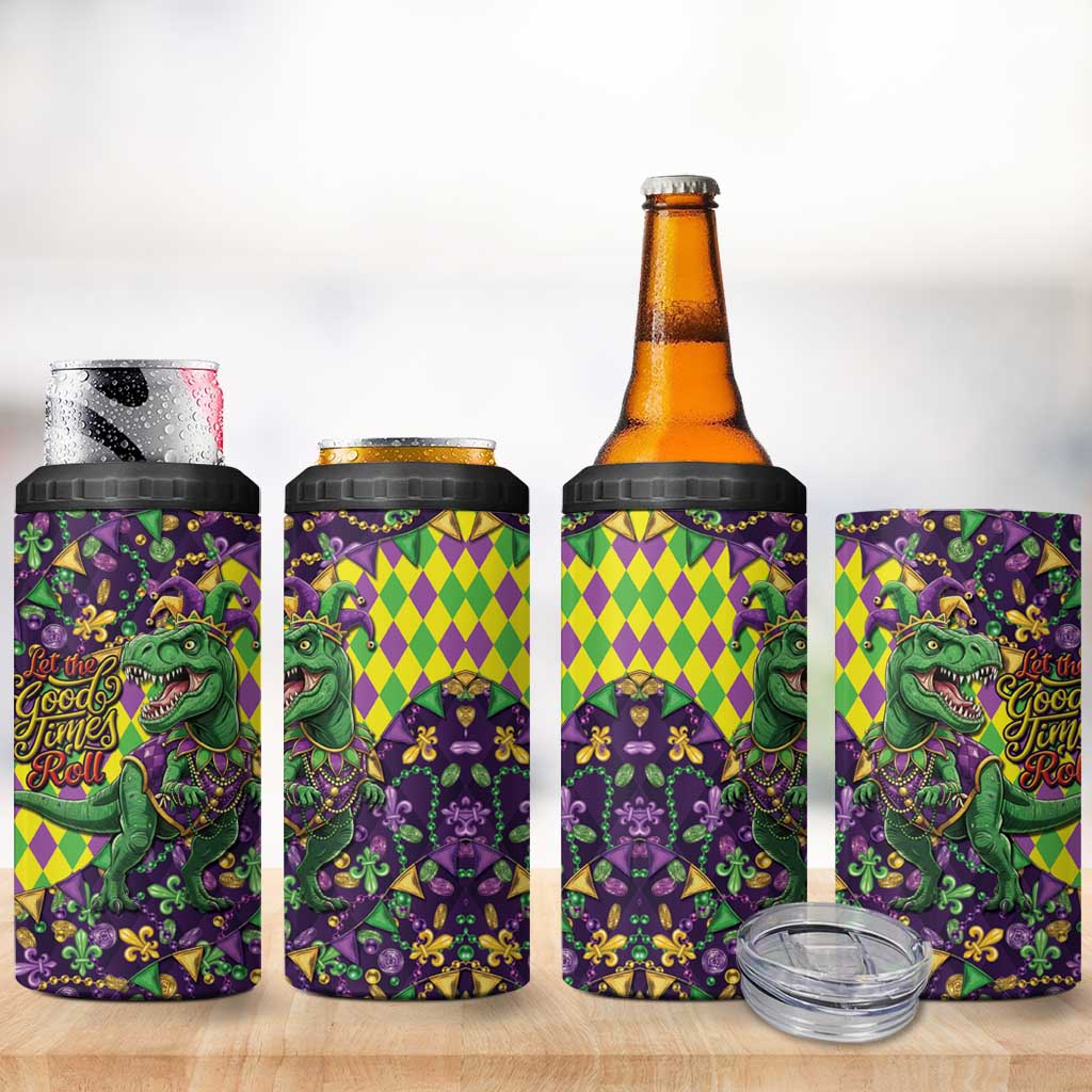 Funny Mardi Gras T-Rex Dinosaur 4 in 1 Can Cooler Tumbler Let The Good Times Roll - Wonder Print Shop