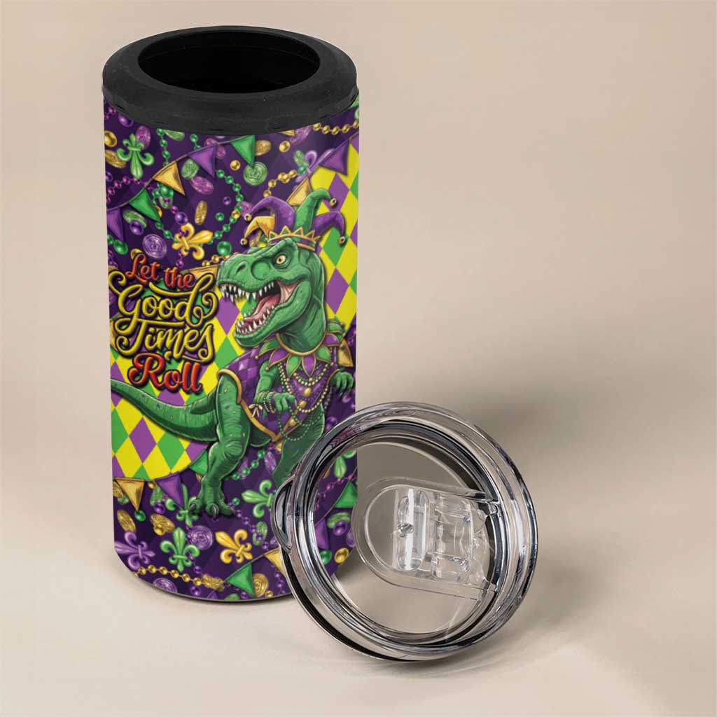 Funny Mardi Gras T-Rex Dinosaur 4 in 1 Can Cooler Tumbler Let The Good Times Roll - Wonder Print Shop