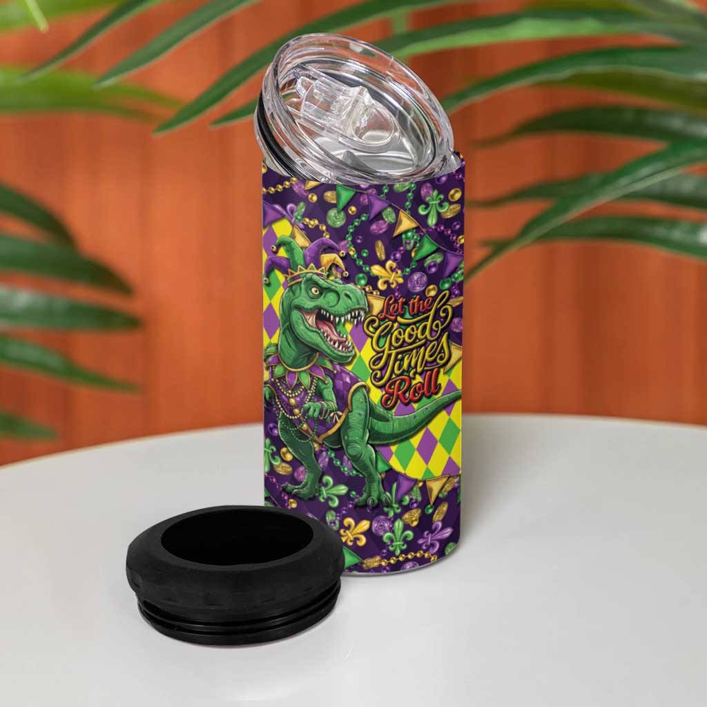 Funny Mardi Gras T-Rex Dinosaur 4 in 1 Can Cooler Tumbler Let The Good Times Roll - Wonder Print Shop