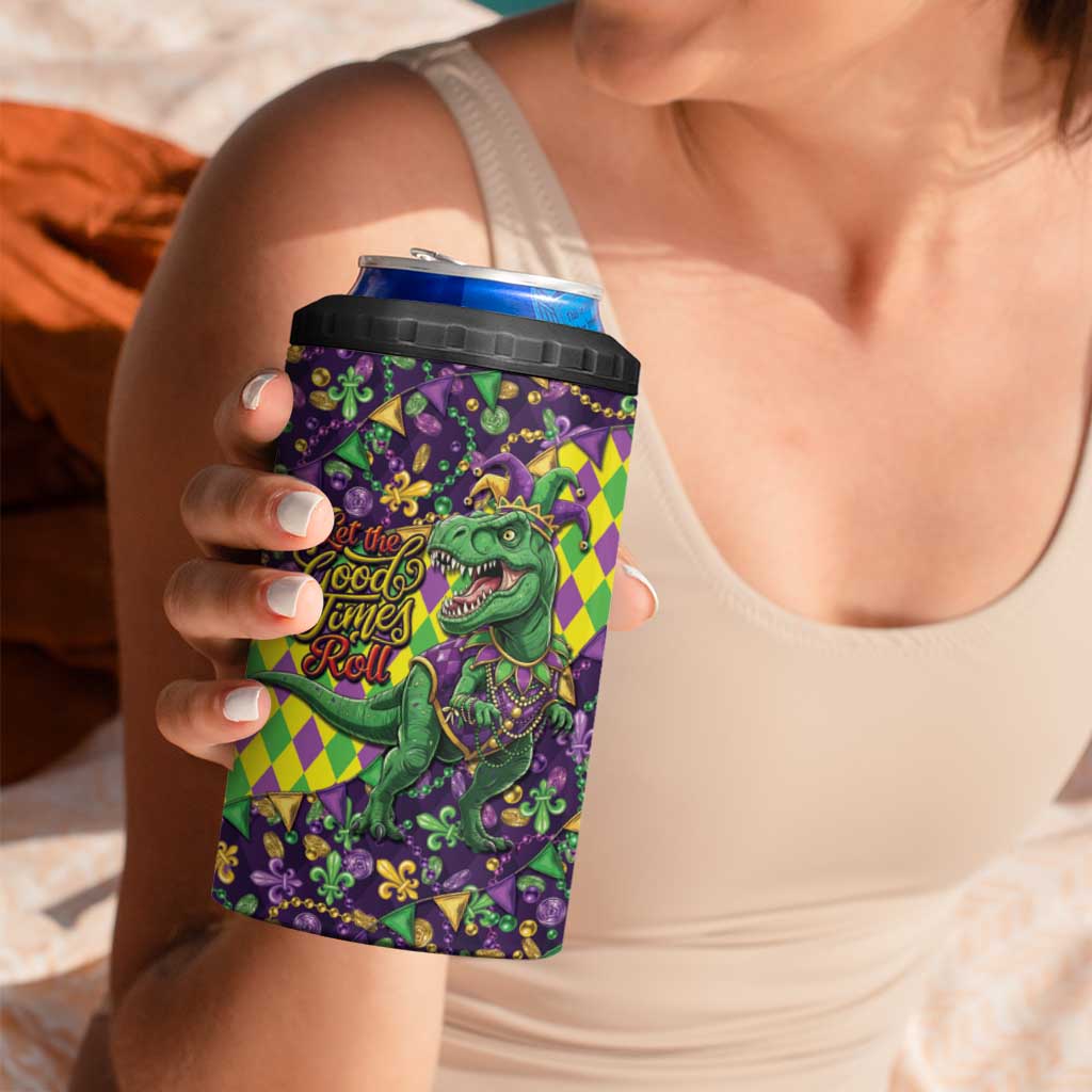 Funny Mardi Gras T-Rex Dinosaur 4 in 1 Can Cooler Tumbler Let The Good Times Roll - Wonder Print Shop