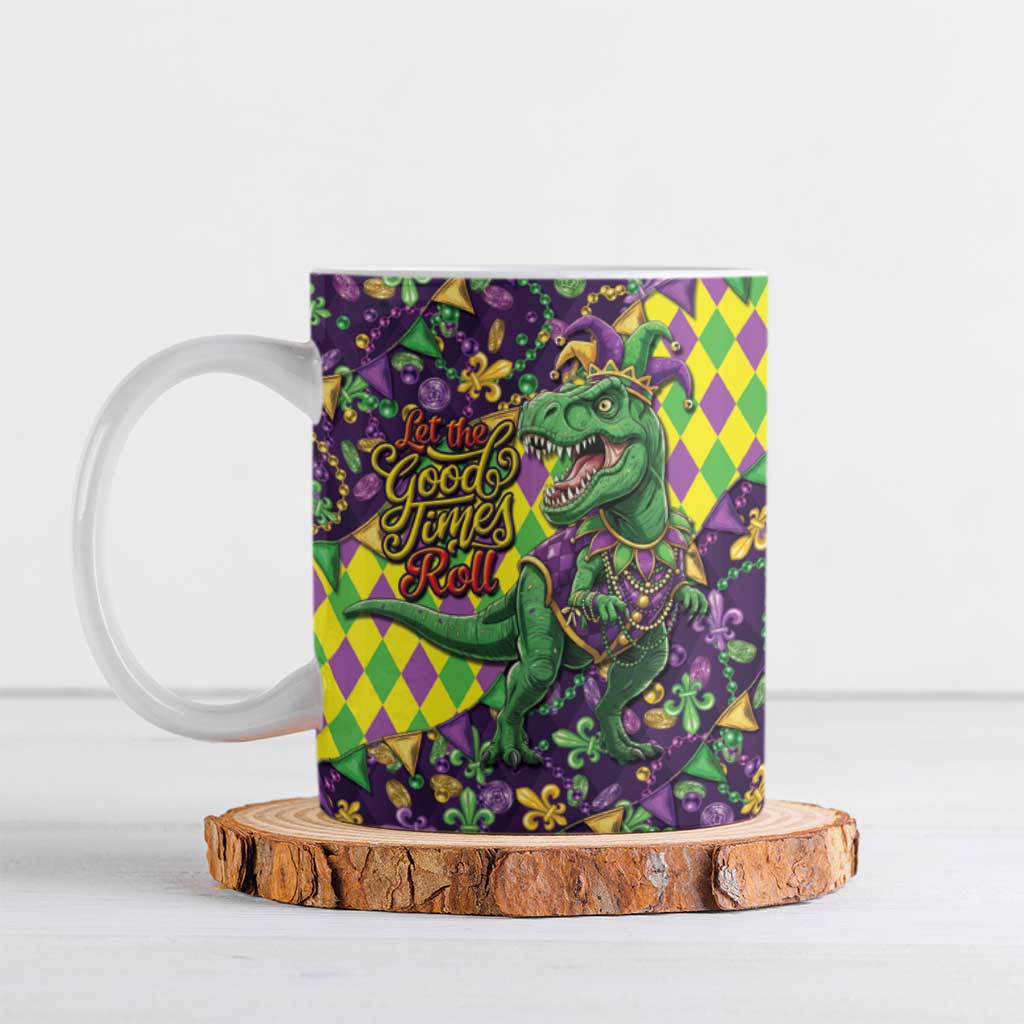 Funny Mardi Gras T-Rex Dinosaur Ceramic Mug Let The Good Times Roll - Wonder Print Shop