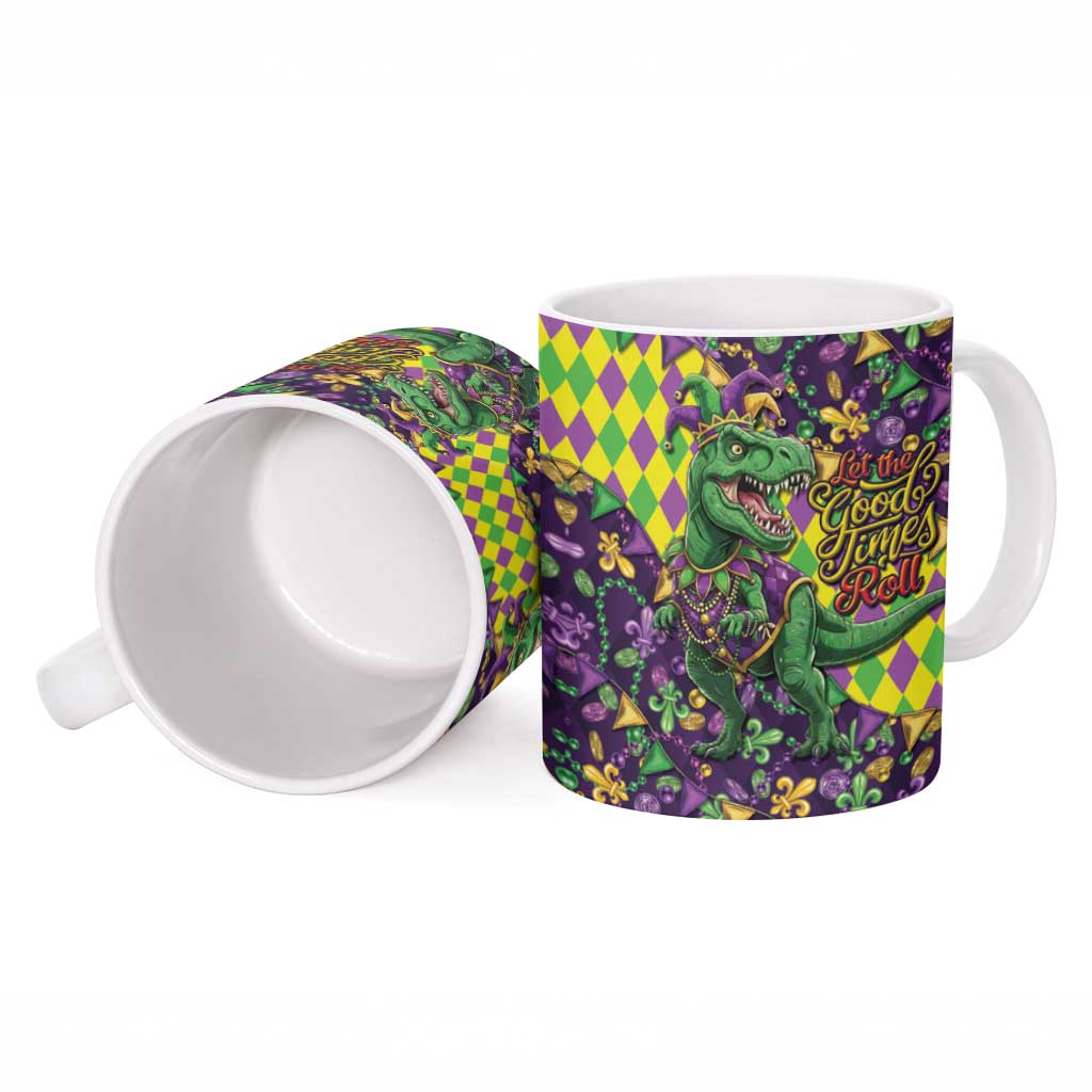 Funny Mardi Gras T-Rex Dinosaur Ceramic Mug Let The Good Times Roll - Wonder Print Shop