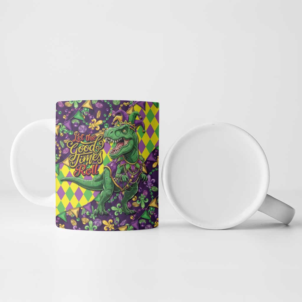 Funny Mardi Gras T-Rex Dinosaur Ceramic Mug Let The Good Times Roll - Wonder Print Shop