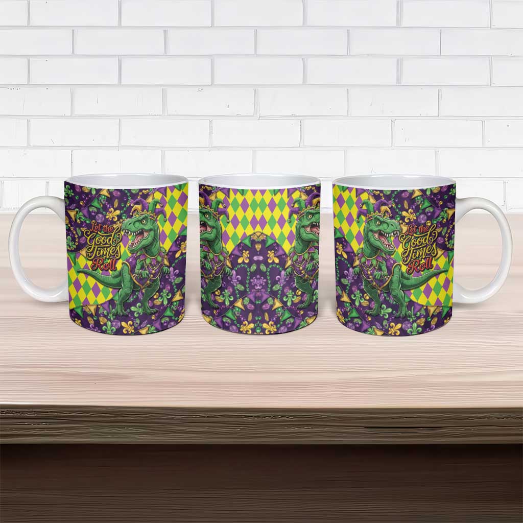 Funny Mardi Gras T-Rex Dinosaur Ceramic Mug Let The Good Times Roll - Wonder Print Shop