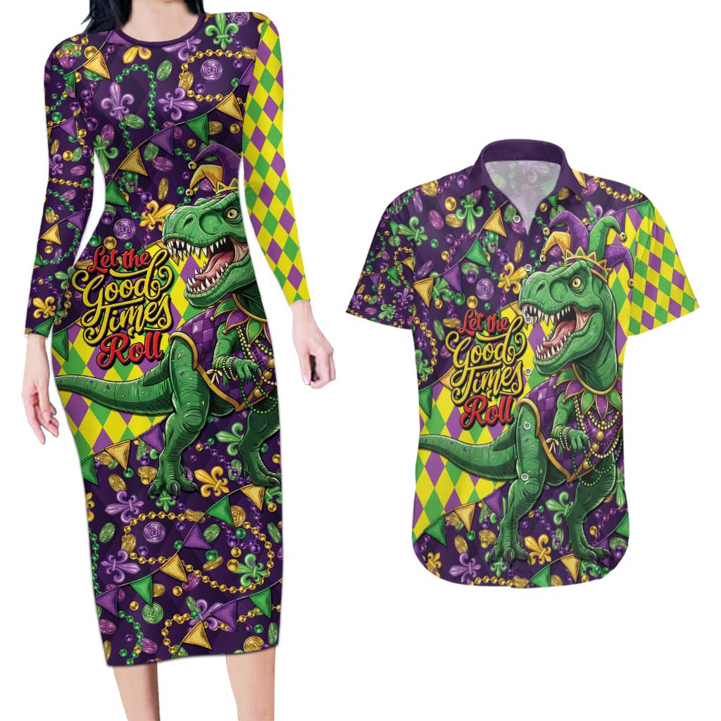 Funny Mardi Gras T-Rex Dinosaur Couples Matching Long Sleeve Bodycon Dress and Hawaiian Shirt Let The Good Times Roll - Wonder Print Shop