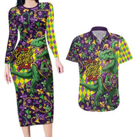 Funny Mardi Gras T-Rex Dinosaur Couples Matching Long Sleeve Bodycon Dress and Hawaiian Shirt Let The Good Times Roll - Wonder Print Shop