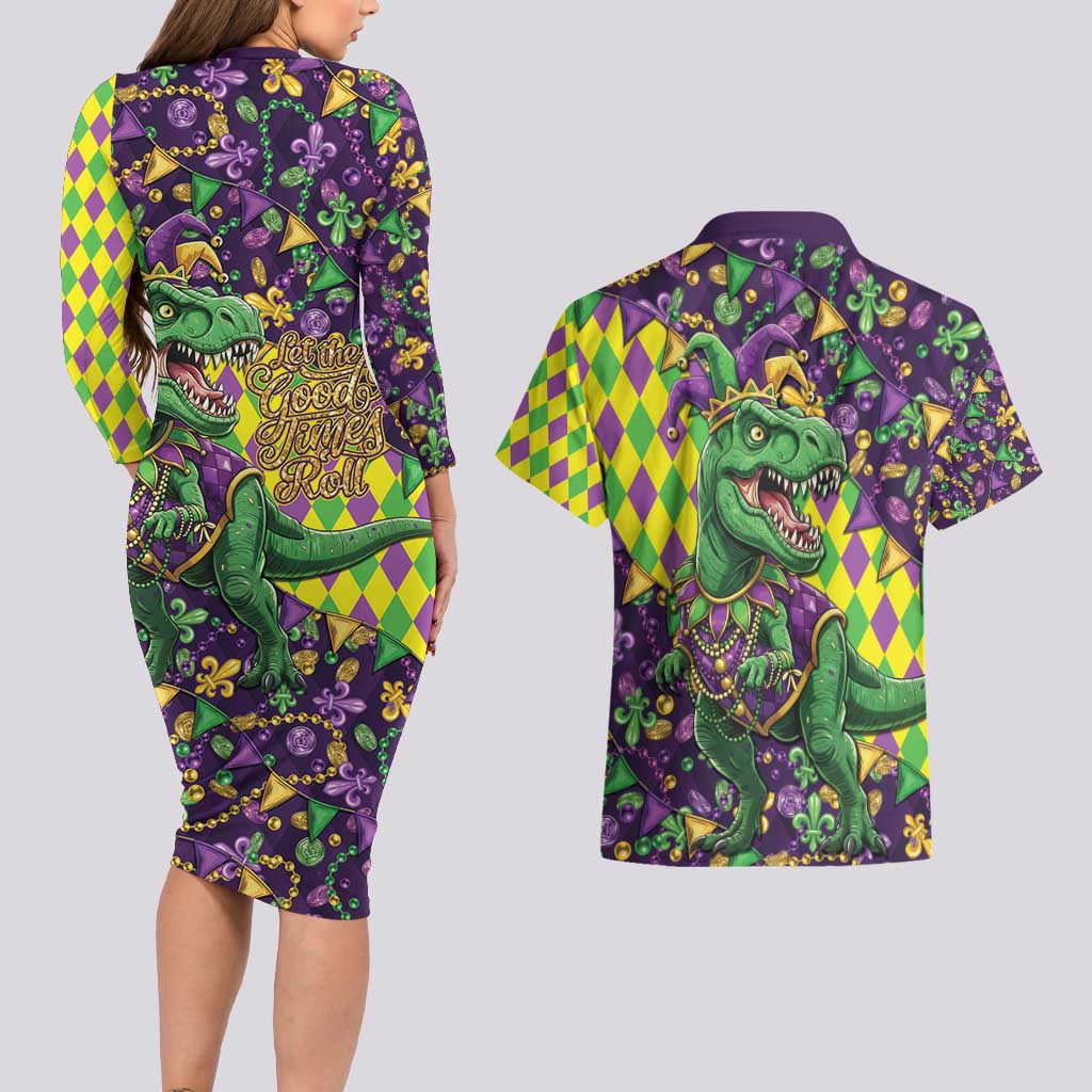 Funny Mardi Gras T-Rex Dinosaur Couples Matching Long Sleeve Bodycon Dress and Hawaiian Shirt Let The Good Times Roll - Wonder Print Shop