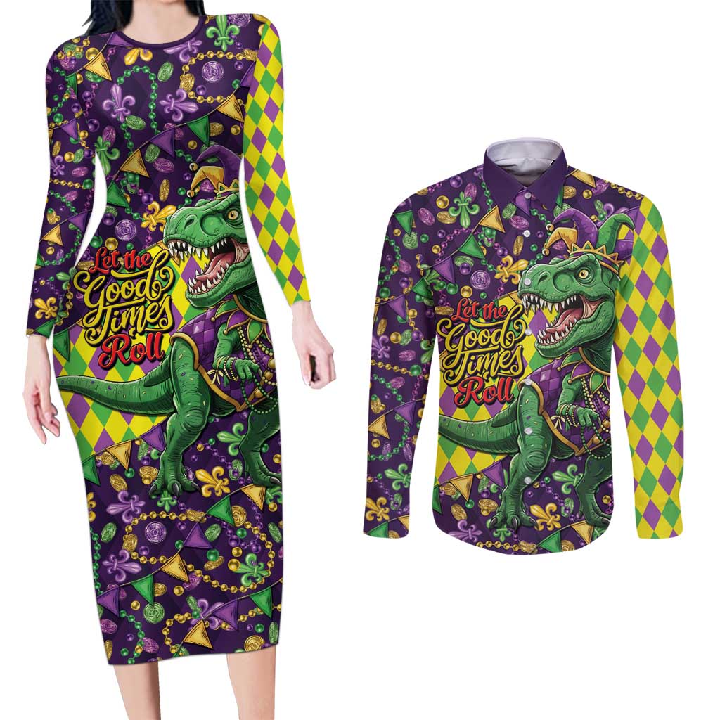 Funny Mardi Gras T-Rex Dinosaur Couples Matching Long Sleeve Bodycon Dress and Long Sleeve Button Shirt Let The Good Times Roll - Wonder Print Shop