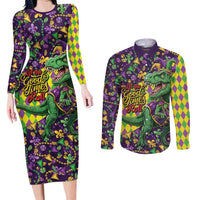 Funny Mardi Gras T-Rex Dinosaur Couples Matching Long Sleeve Bodycon Dress and Long Sleeve Button Shirt Let The Good Times Roll - Wonder Print Shop