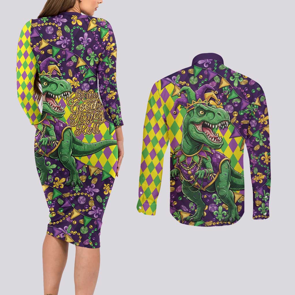 Funny Mardi Gras T-Rex Dinosaur Couples Matching Long Sleeve Bodycon Dress and Long Sleeve Button Shirt Let The Good Times Roll - Wonder Print Shop