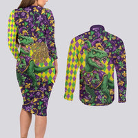 Funny Mardi Gras T-Rex Dinosaur Couples Matching Long Sleeve Bodycon Dress and Long Sleeve Button Shirt Let The Good Times Roll - Wonder Print Shop