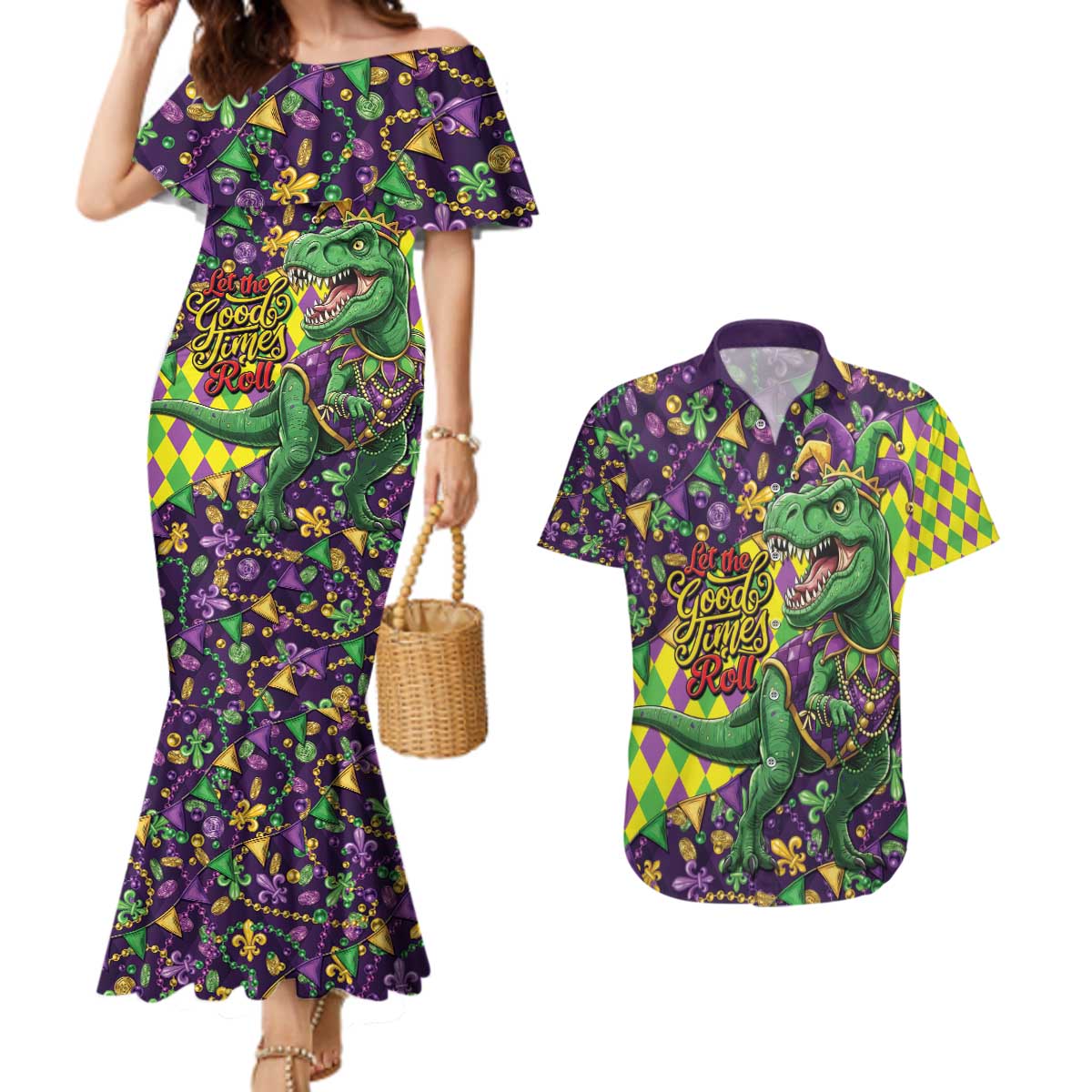 Funny Mardi Gras T-Rex Dinosaur Couples Matching Mermaid Dress and Hawaiian Shirt Let The Good Times Roll - Wonder Print Shop