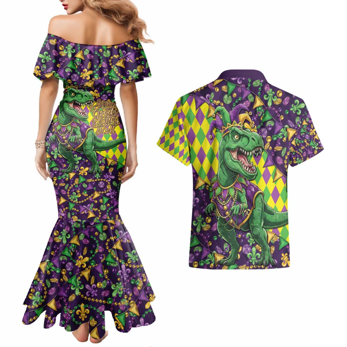Funny Mardi Gras T-Rex Dinosaur Couples Matching Mermaid Dress and Hawaiian Shirt Let The Good Times Roll - Wonder Print Shop