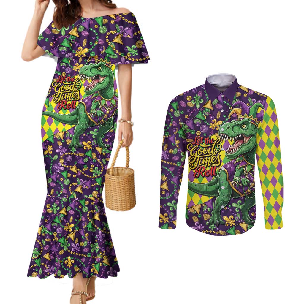 Funny Mardi Gras T-Rex Dinosaur Couples Matching Mermaid Dress and Long Sleeve Button Shirt Let The Good Times Roll - Wonder Print Shop