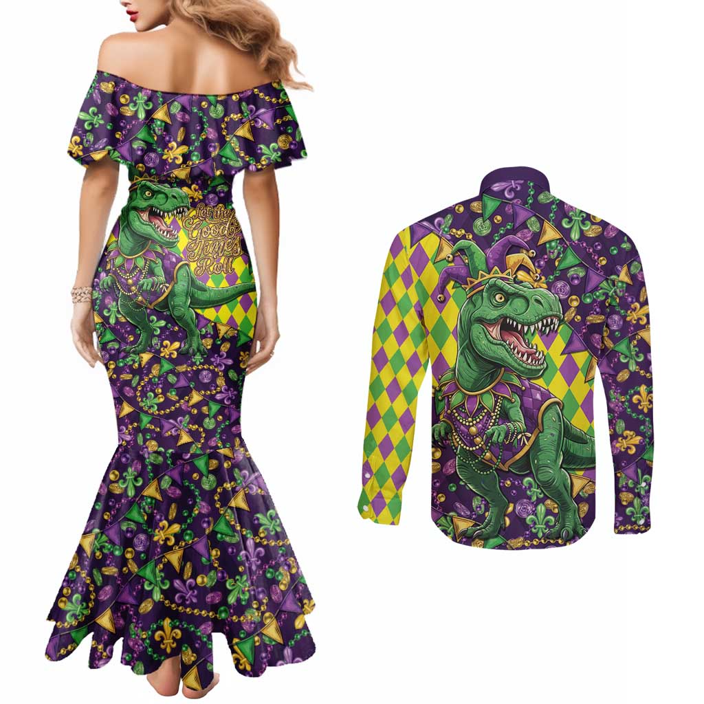 Funny Mardi Gras T-Rex Dinosaur Couples Matching Mermaid Dress and Long Sleeve Button Shirt Let The Good Times Roll - Wonder Print Shop